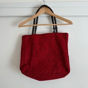 Neiman Marcus Red Black Leopard Print Canvas Tote Bag Shoulder Bag